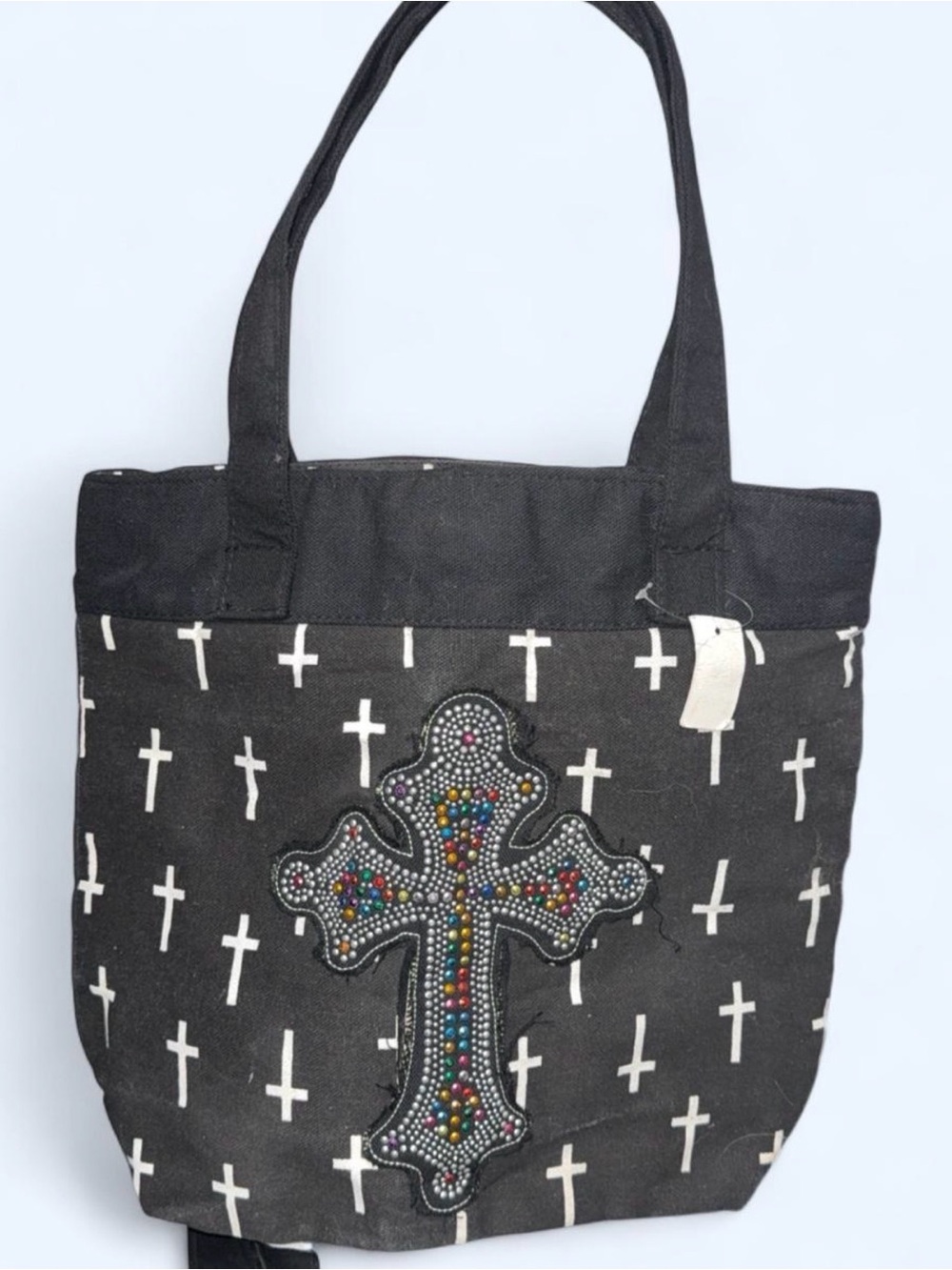 Black Tote Bag with Multicolor Studded Cross Accent